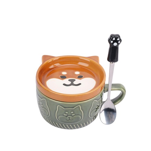 Green cat lid mug with - green, biscuit
